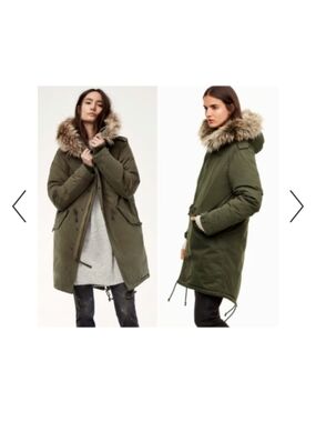 Olive Green Community Vermont Down Filled Parka Coat with Faux Fur Hood